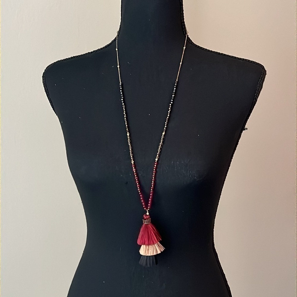 Express Long Beaded Triple Tassel Necklace in Red Black & Gold